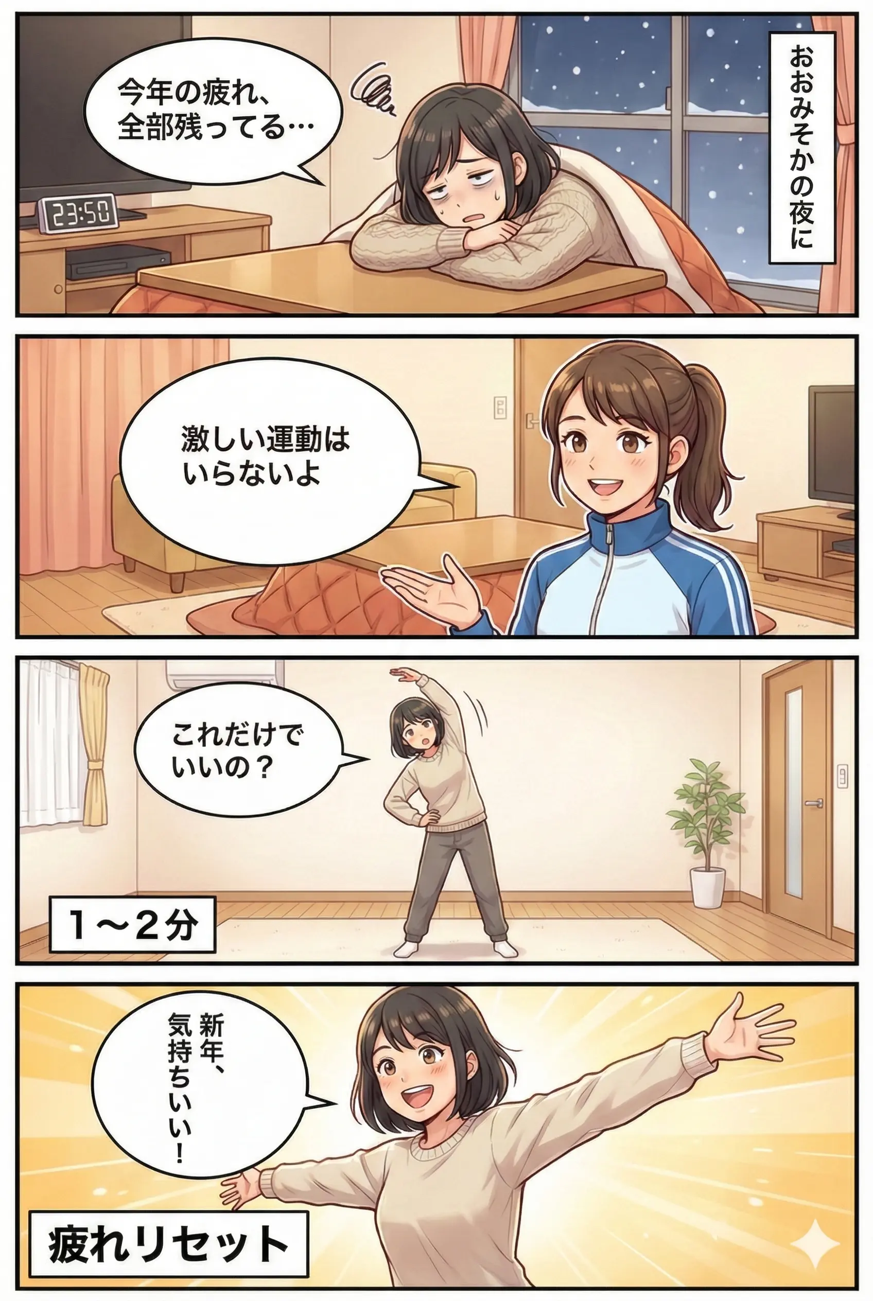年末の疲れをとるセルフケアエクササイズ ４コマ漫画